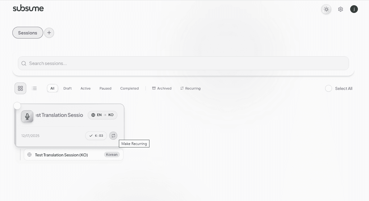 Make recurring button on session card