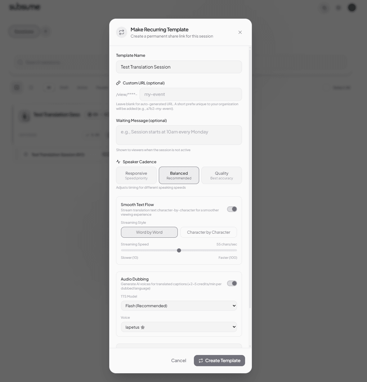 Make recurring template modal