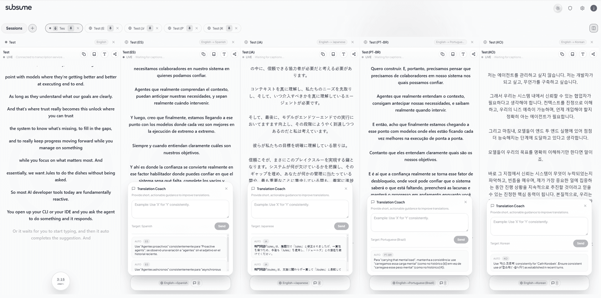 Translation Coach showing AI suggestions and human input